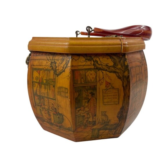 Anton Pieck Scenic Decoupage Wooden Purse With Lucite Handle - Picture 4 of 16